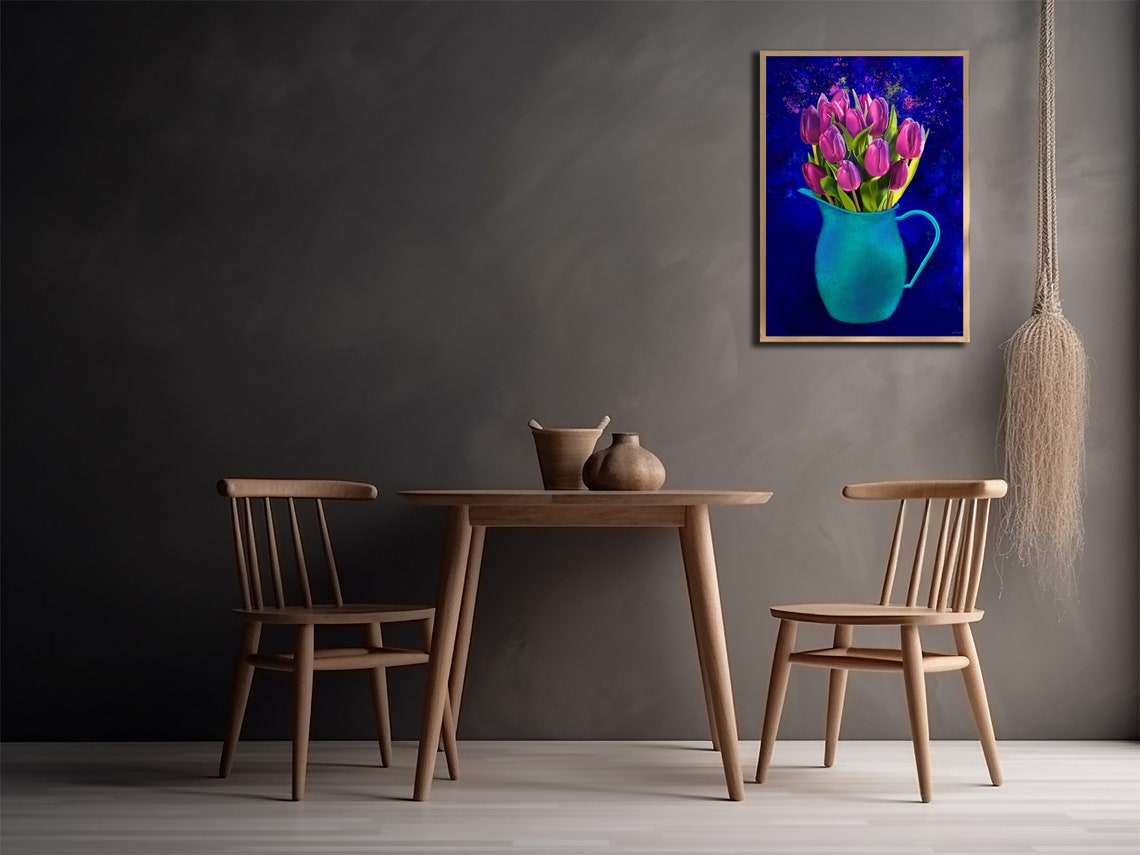 Magenta Tulips in Turquoise Pitcher on Navy Background Poster - Image 3