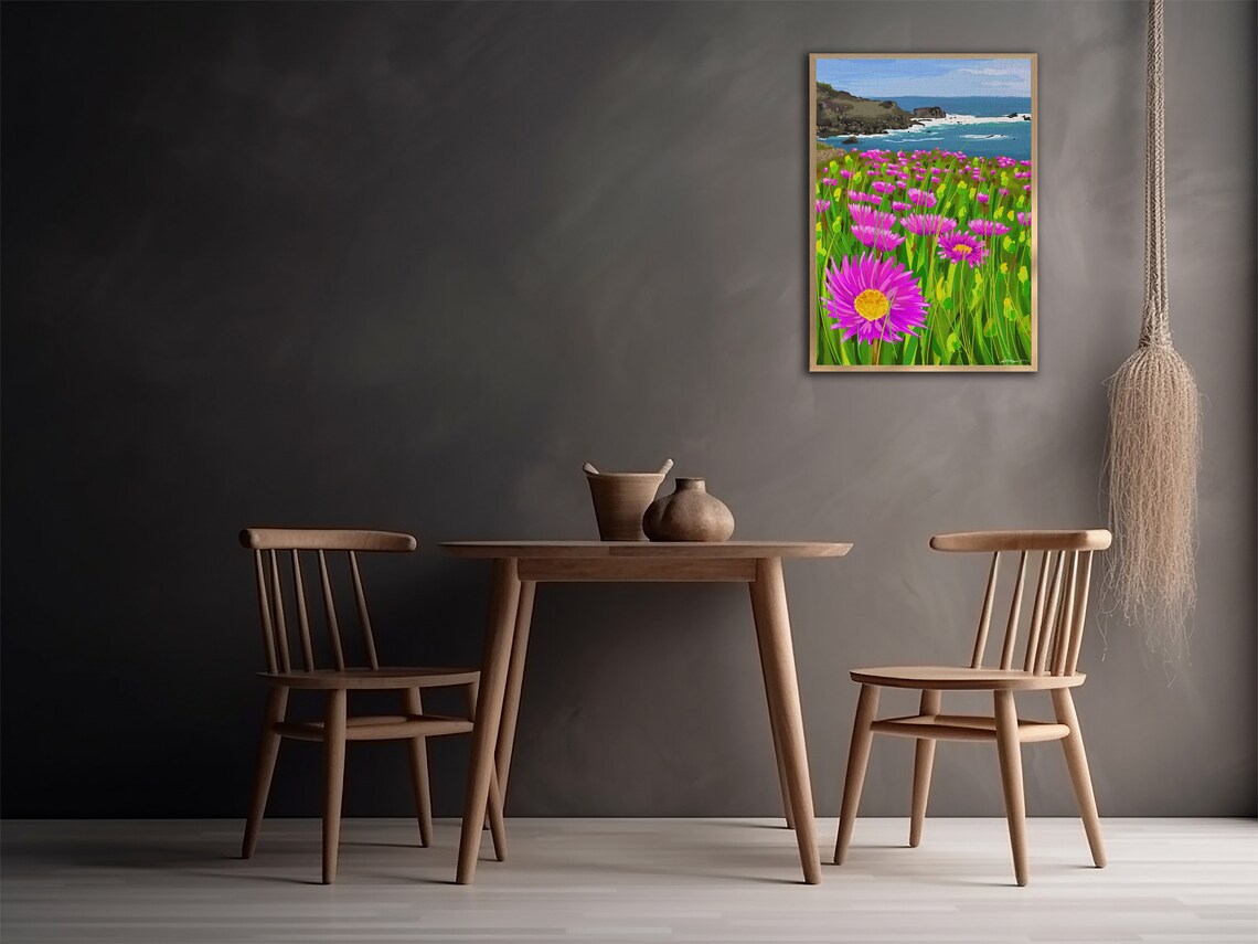 Pink Wildflower Field Rocky Coast Ocean View Coastal Wall Poster - Image 2