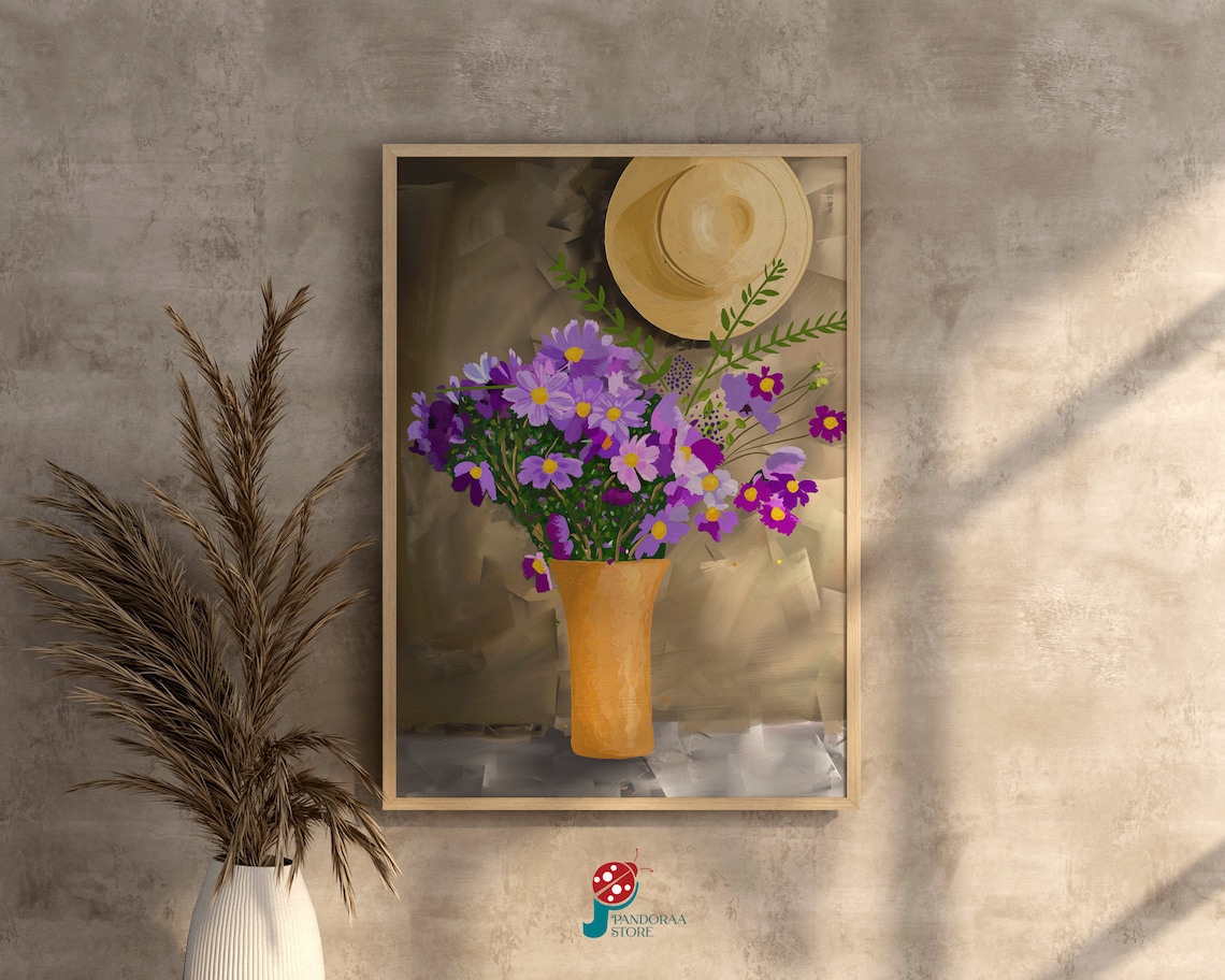 Purple Wildflowers Vase Straw Hat Still Life Oil Painting Wall Art