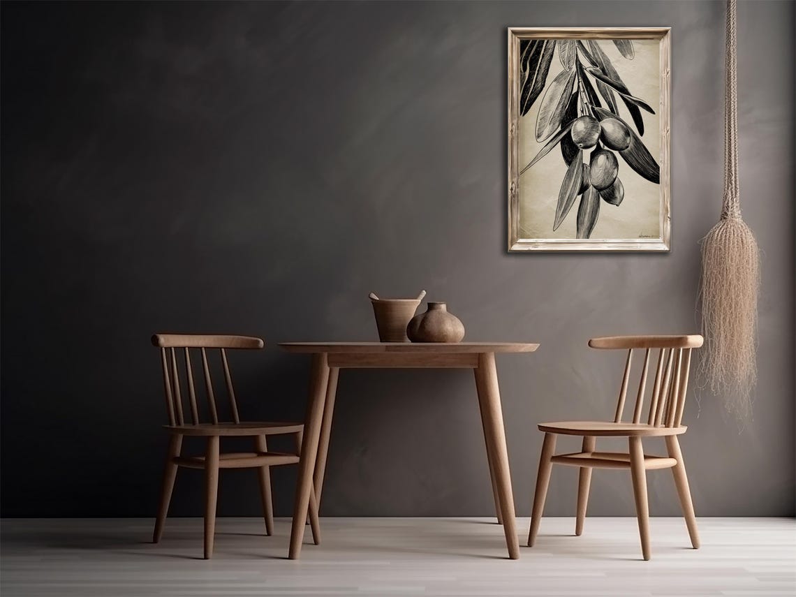 Monochrome Olive Branch Sketch Botanical Drawing Kitchen Wall Print - Image 2