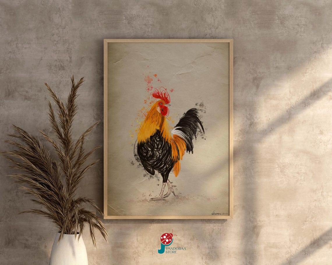 Rustic Watercolor Rooster Golden Black Farmhouse Animal Art Print