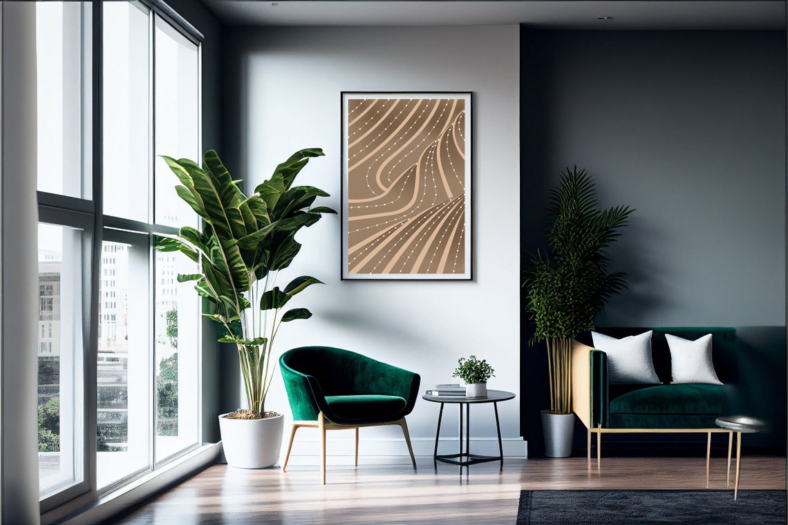 Boho Beige Brown Curved Lines White Dots Modern Abstract Print - Image 2
