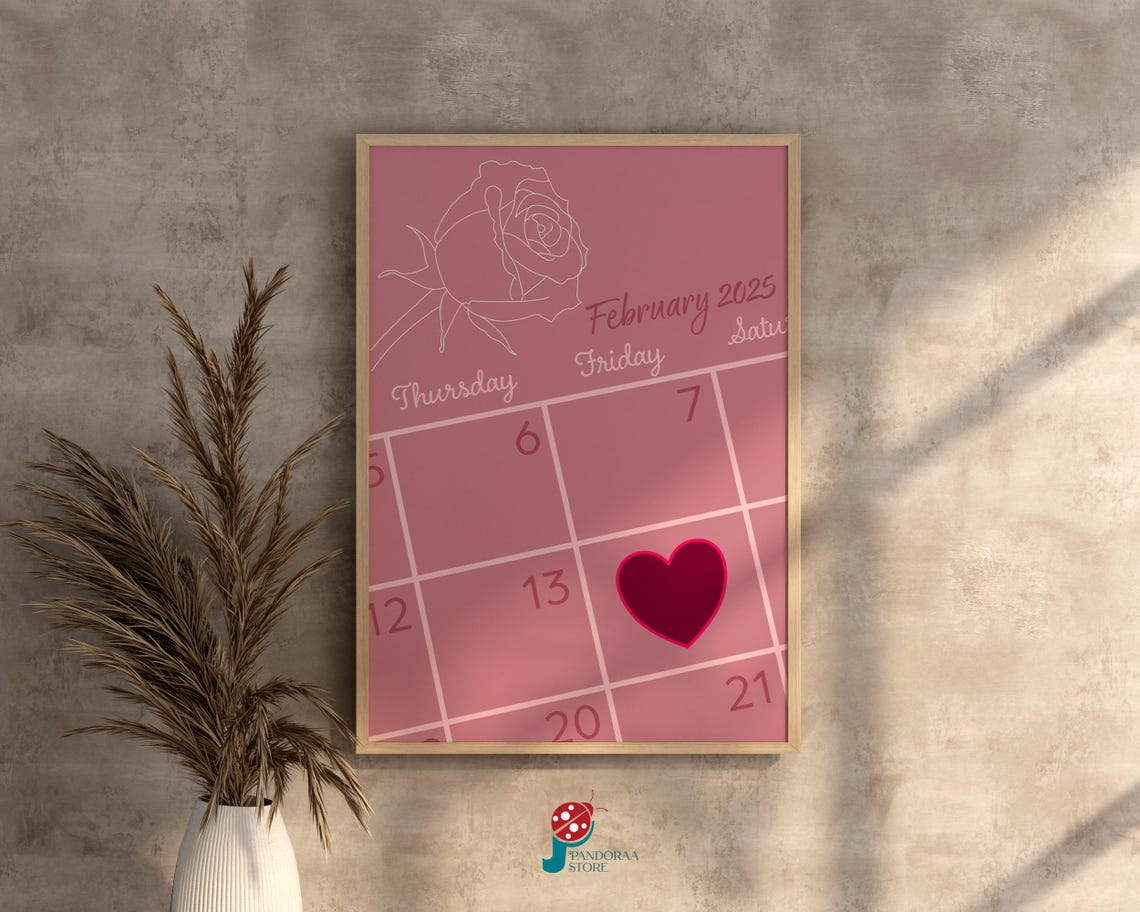 Pink February 2025 Calendar Rose Sketch Heart Marked on 14th Poster