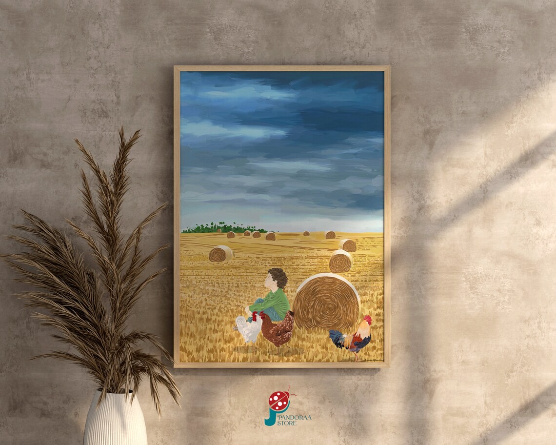 Boy in Golden Wheat Field Rooster Hens Hay Bales Harvest Print
