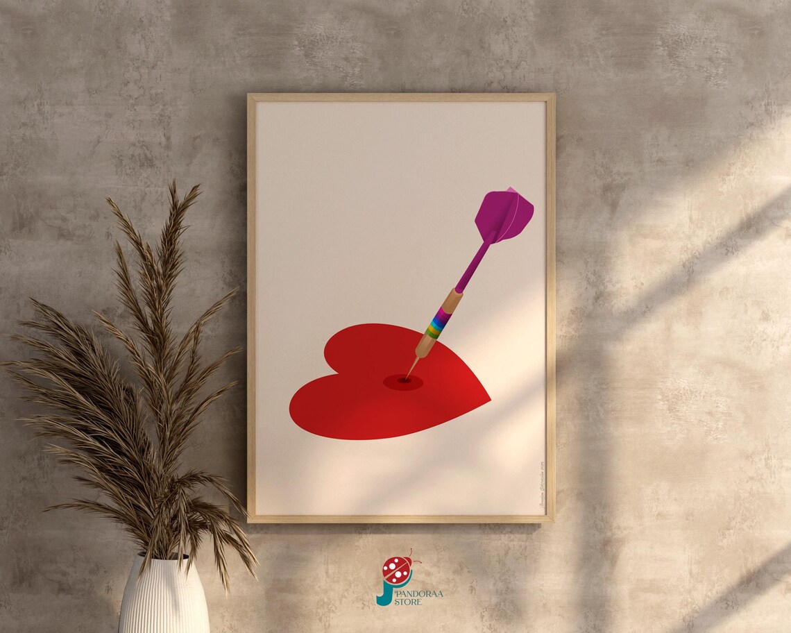 Red Heart Pierced by Rainbow Dart on Cream Minimalist Love Poster