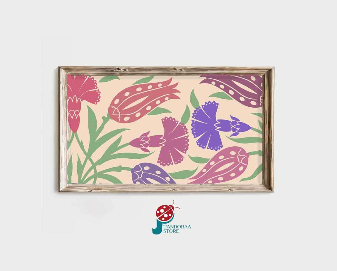 Colorful Folk Tulip Carnation Pattern Pink Purple Botanical Print