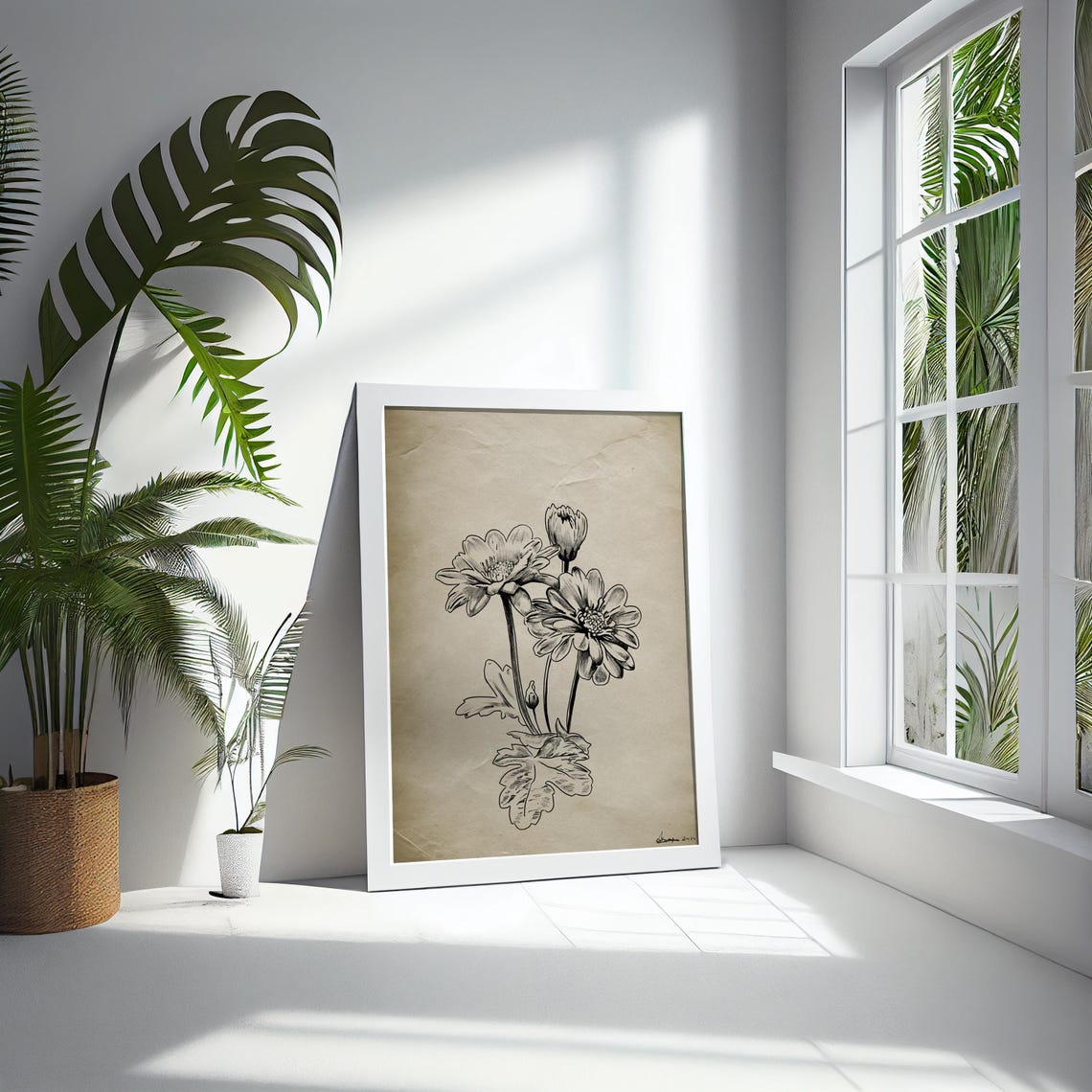 Black White Floral Line Sketch Vintage Botanical Daisy Wall Print - Image 5