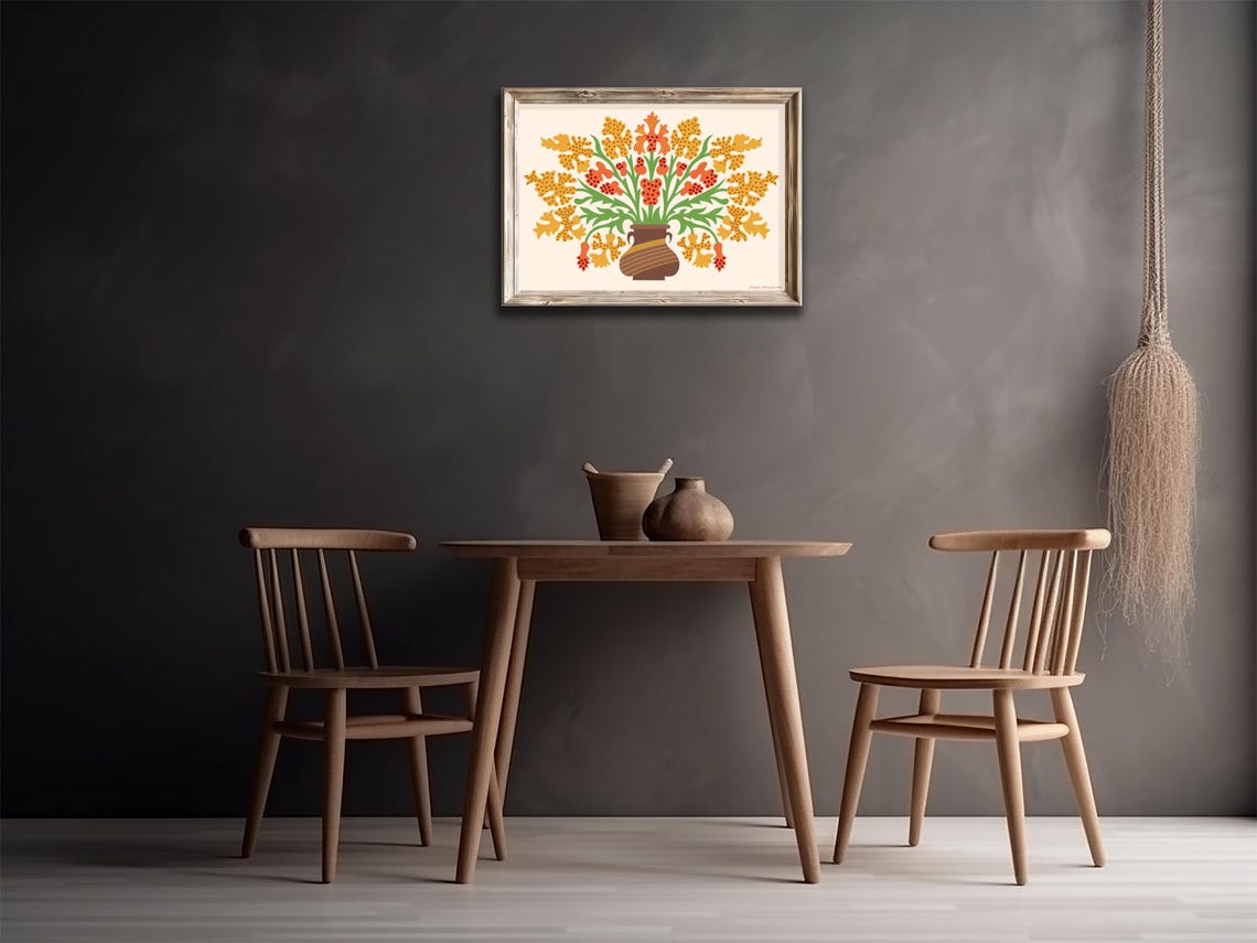 Yellow Orange Floral Wall Art I Brown Vase And Flower Poster I Living Room Gift Jpg Home Decor Print I Flower Home Gift - Image 3