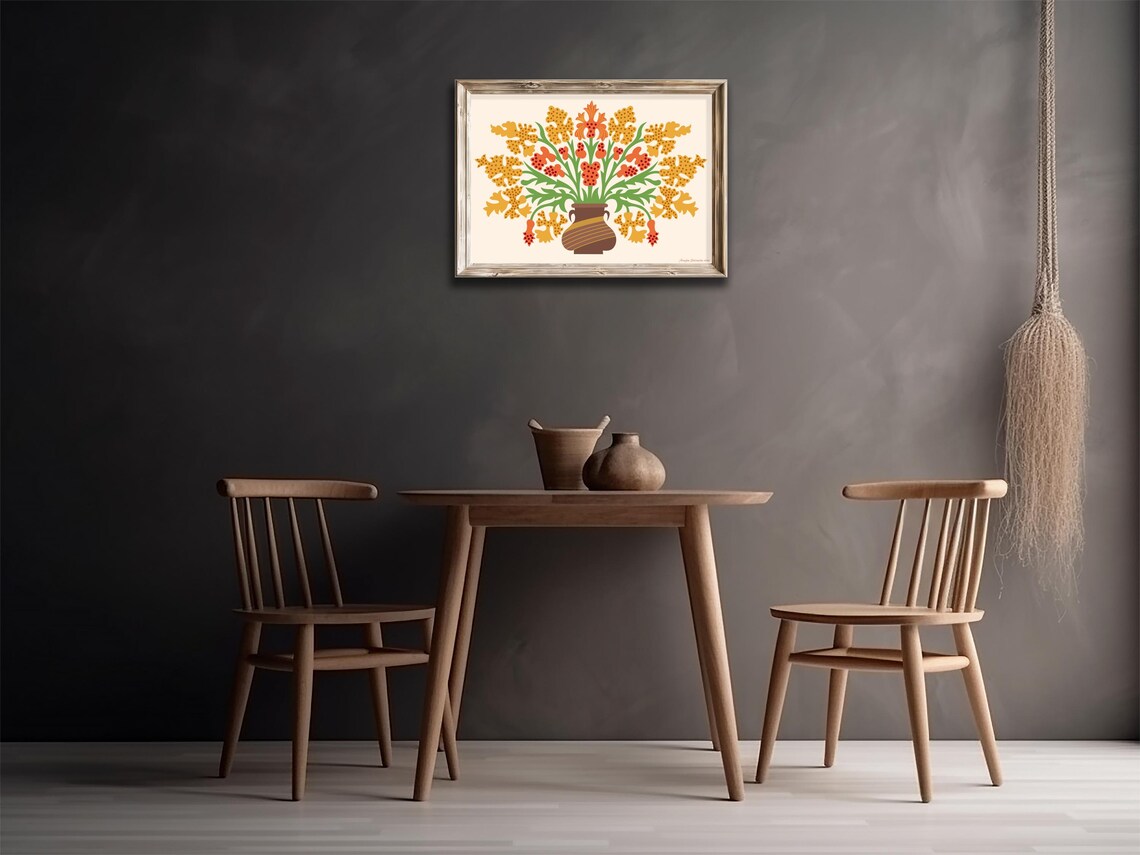 Yellow Orange Folk Floral Bouquet Brown Vase Autumn Wall Art Print - Image 3