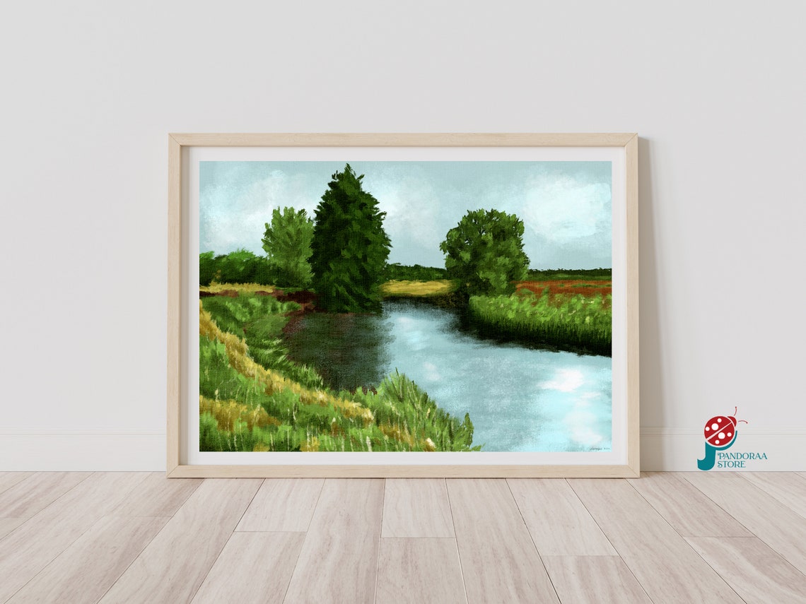 Vintage Lake And Forest Wall Art Landscape Oil Painting Print Green Pastoral Landscape Art Print Jpg Art