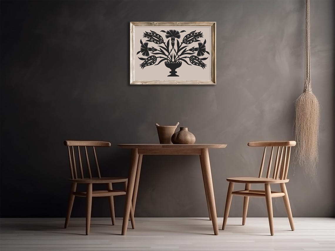 Black Beige Tulip Carnation Bouquet Urn Bold Folk Wall Art Print - Image 2