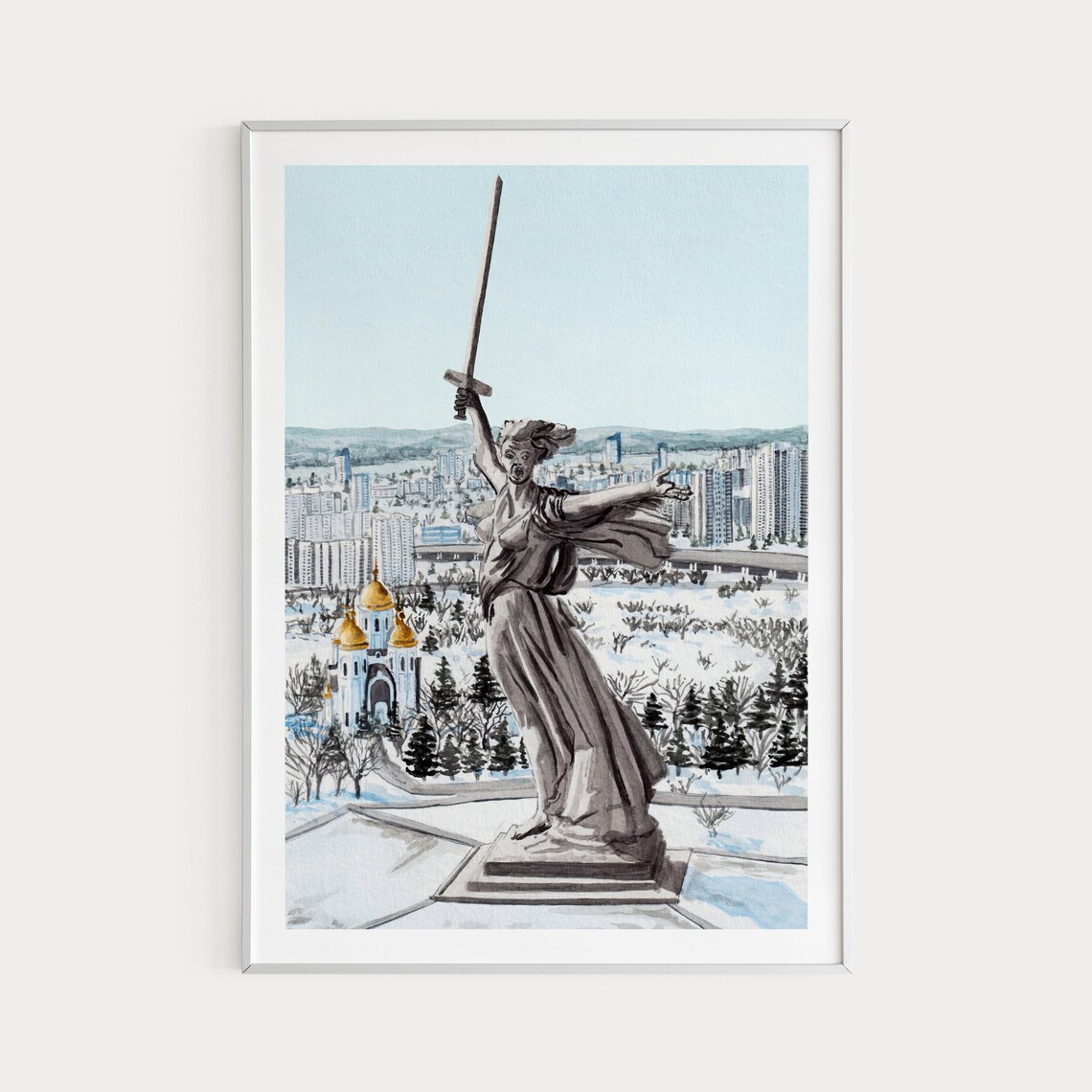 Volgograd Motherland Calls Statue Watercolor City Landmark Poster