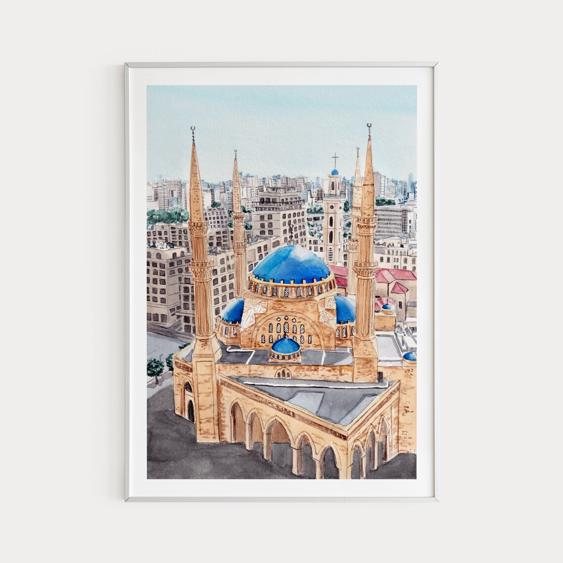 Beirut Watercolor Cityscape Travel Poster, Lebanon