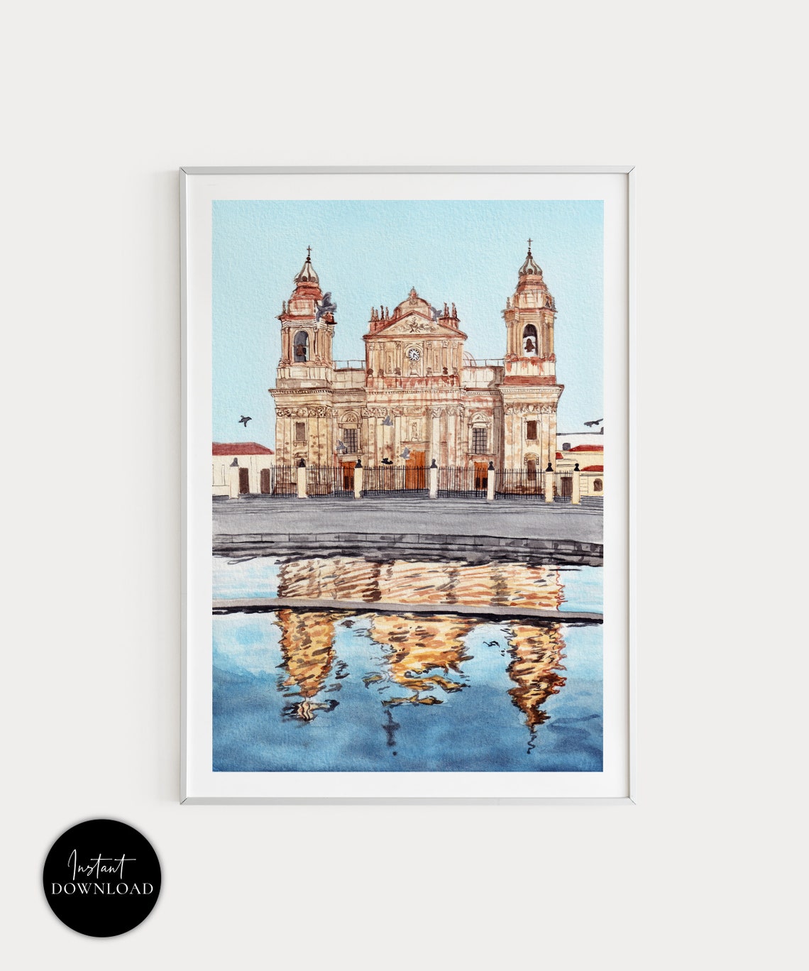 Guatemala City Metropolitan Cathedral Reflection Watercolor Poster