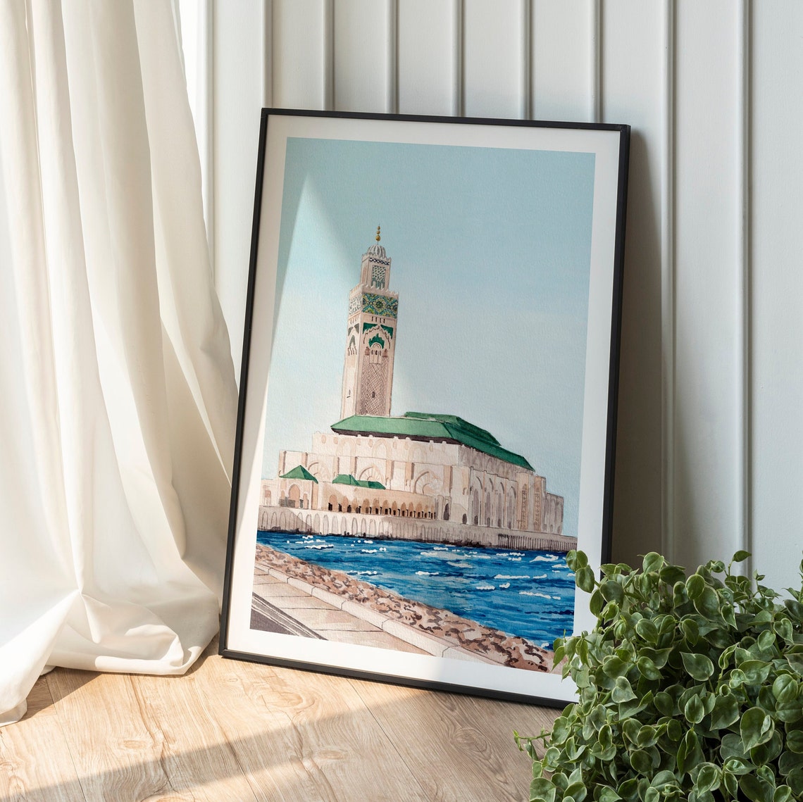 Hassan II Mosque Casablanca Waterfront Morocco Watercolor Poster - Image 2