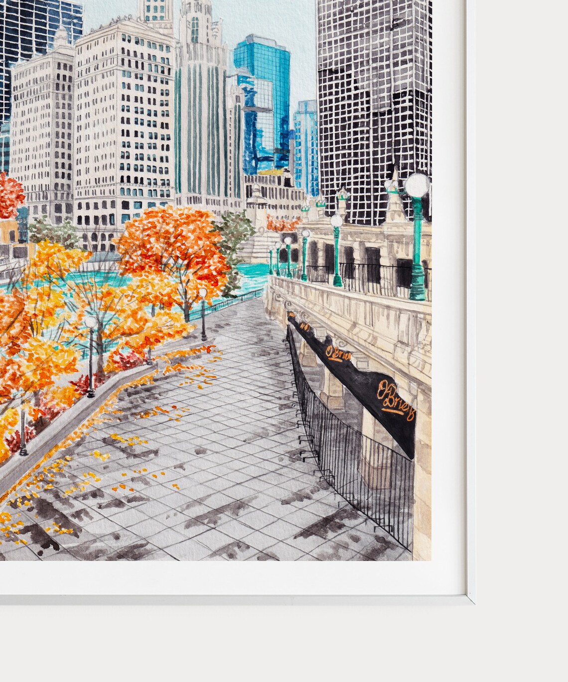 Chicago Riverwalk Watercolor Travel Poster, Wrigley Building - Image 3