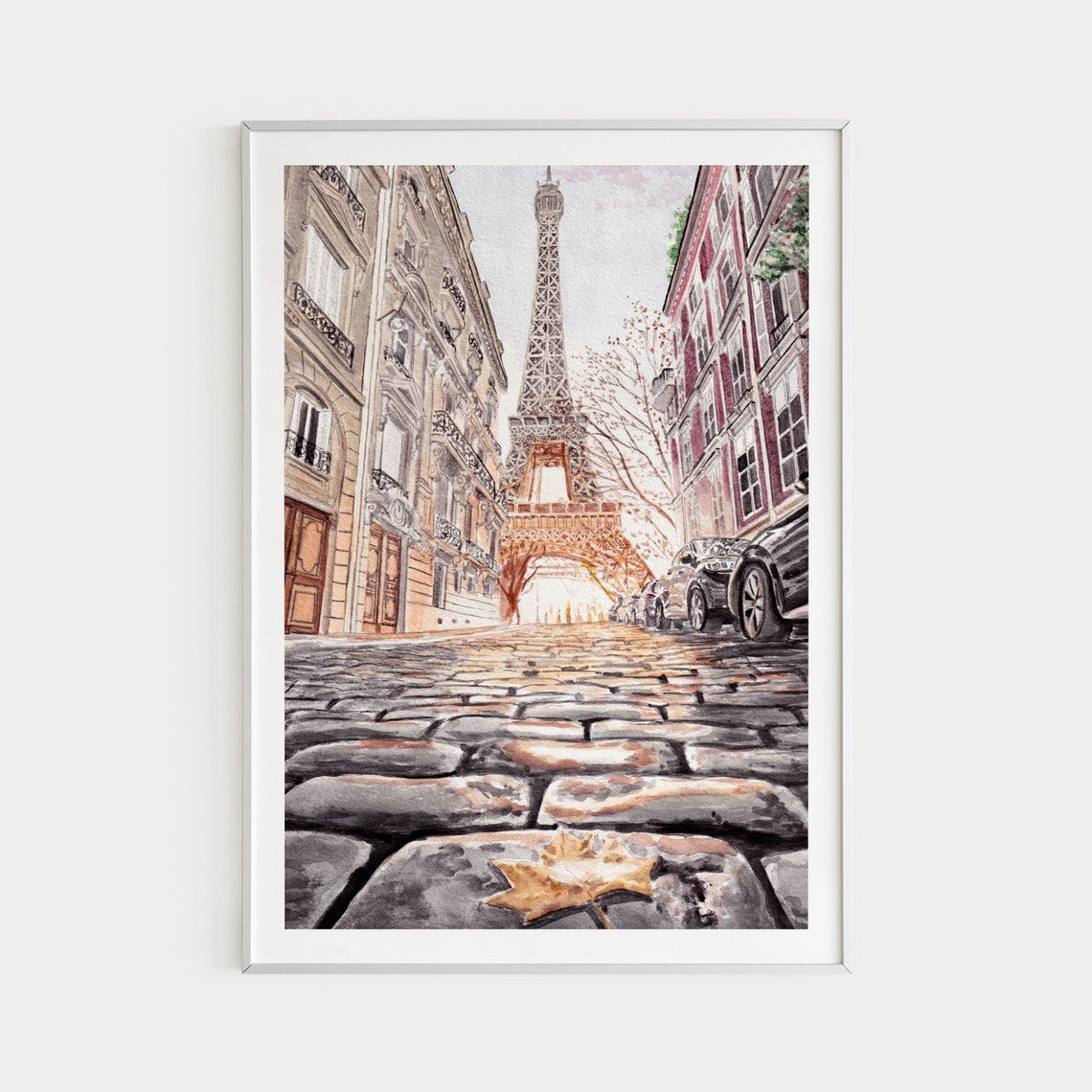 Paris Eiffel Tower Glowing Sunset Cobblestone Street View Poster