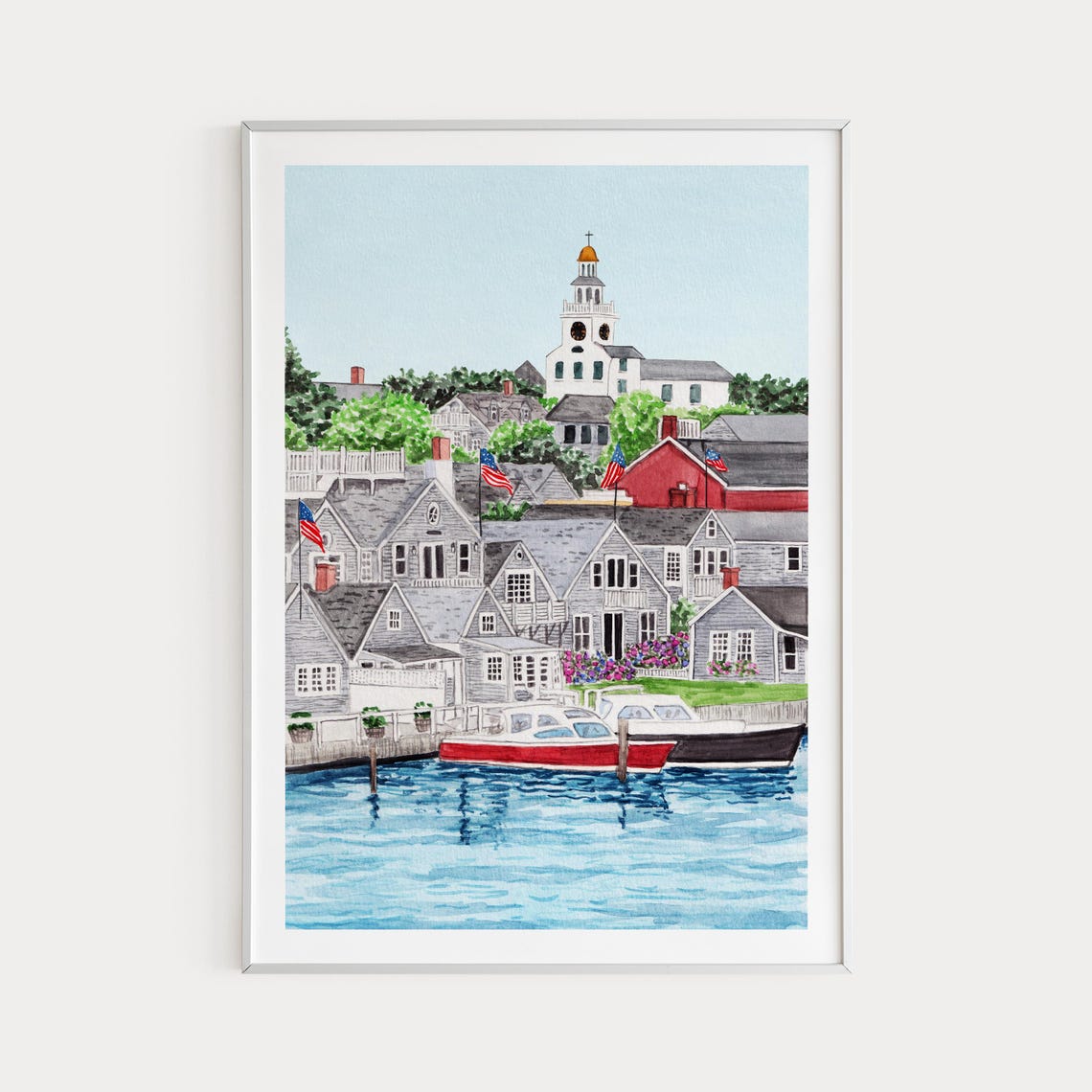 Nantucket Harbor Boats Historic Waterfront Church Village Poster