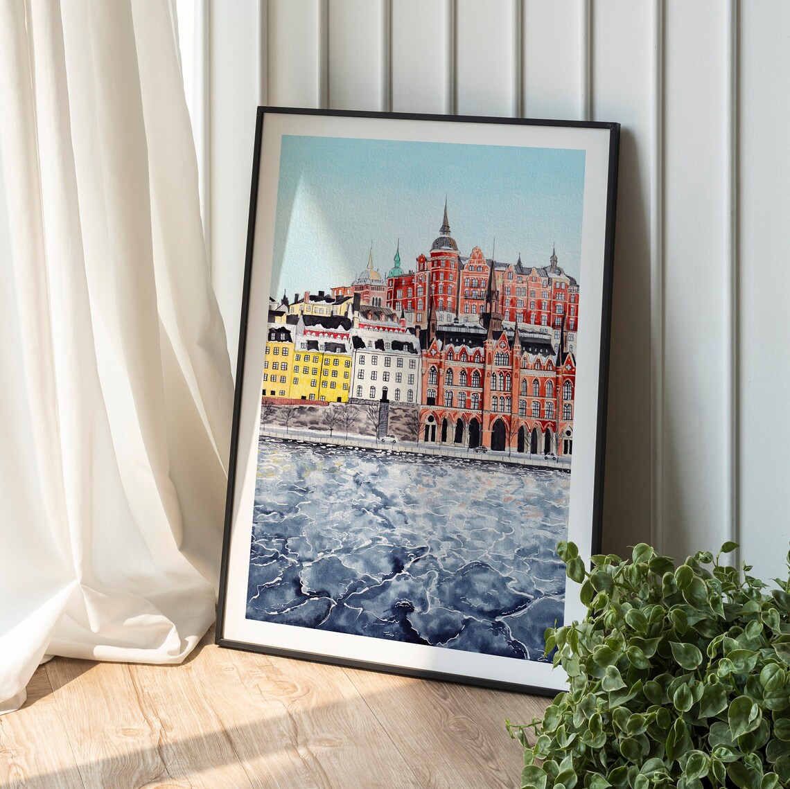 Stockholm Sweden Colorful Waterfront Cityscape Watercolor Poster - Image 2