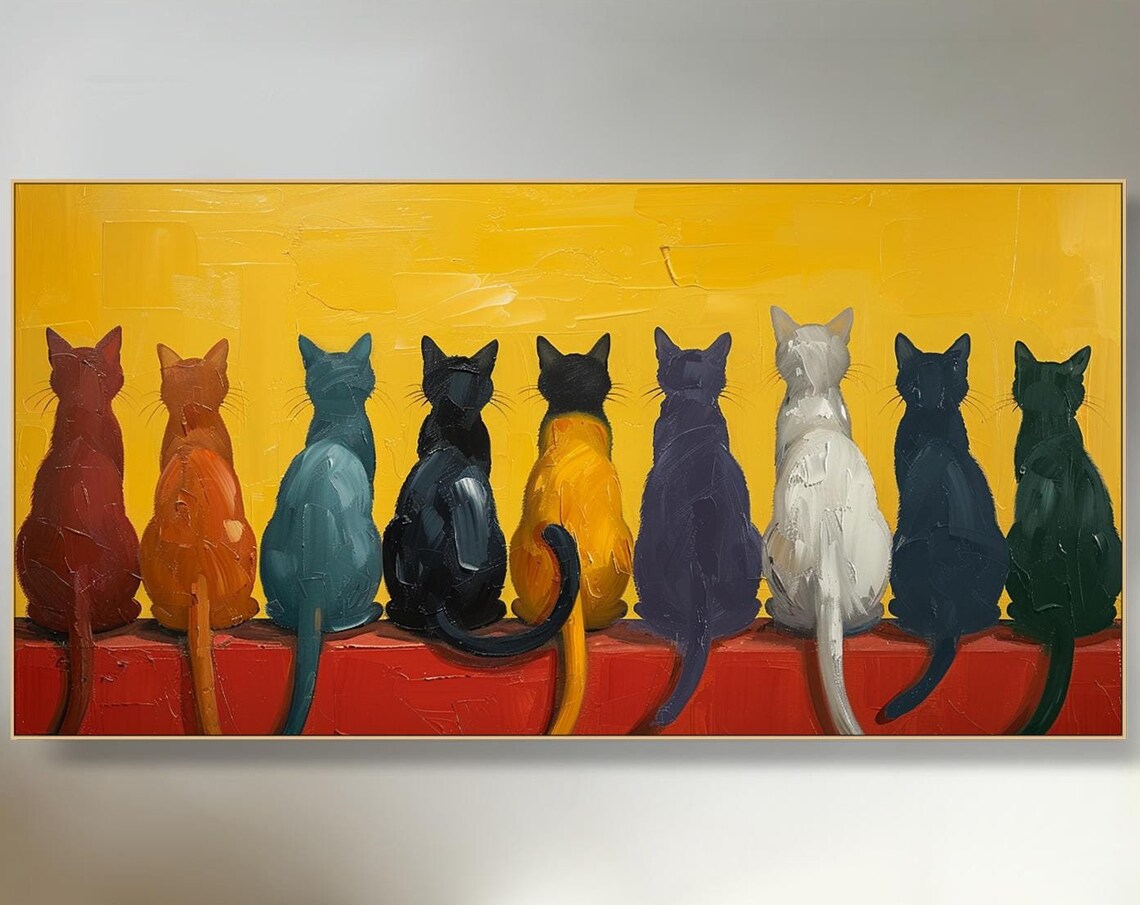 Nine Cats Sitting Row Bold Yellow Whimsical Colorful Cat Oil Poster