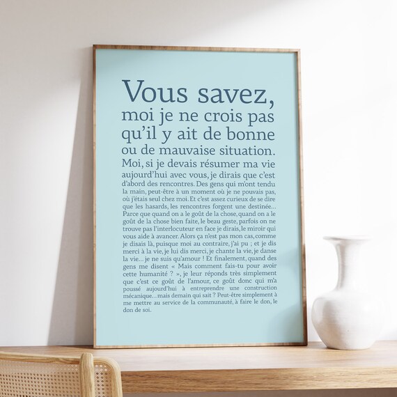 French Literary Quote Typography Wall Art Soft Blue Minimalist