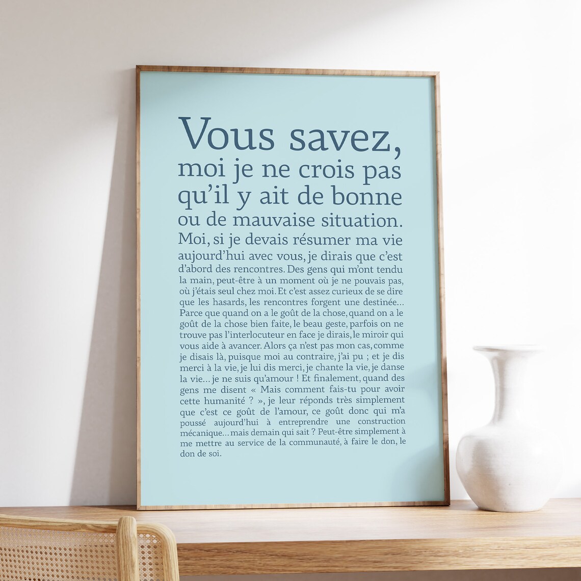 French Literary Quote Typography Wall Art Soft Blue Minimalist