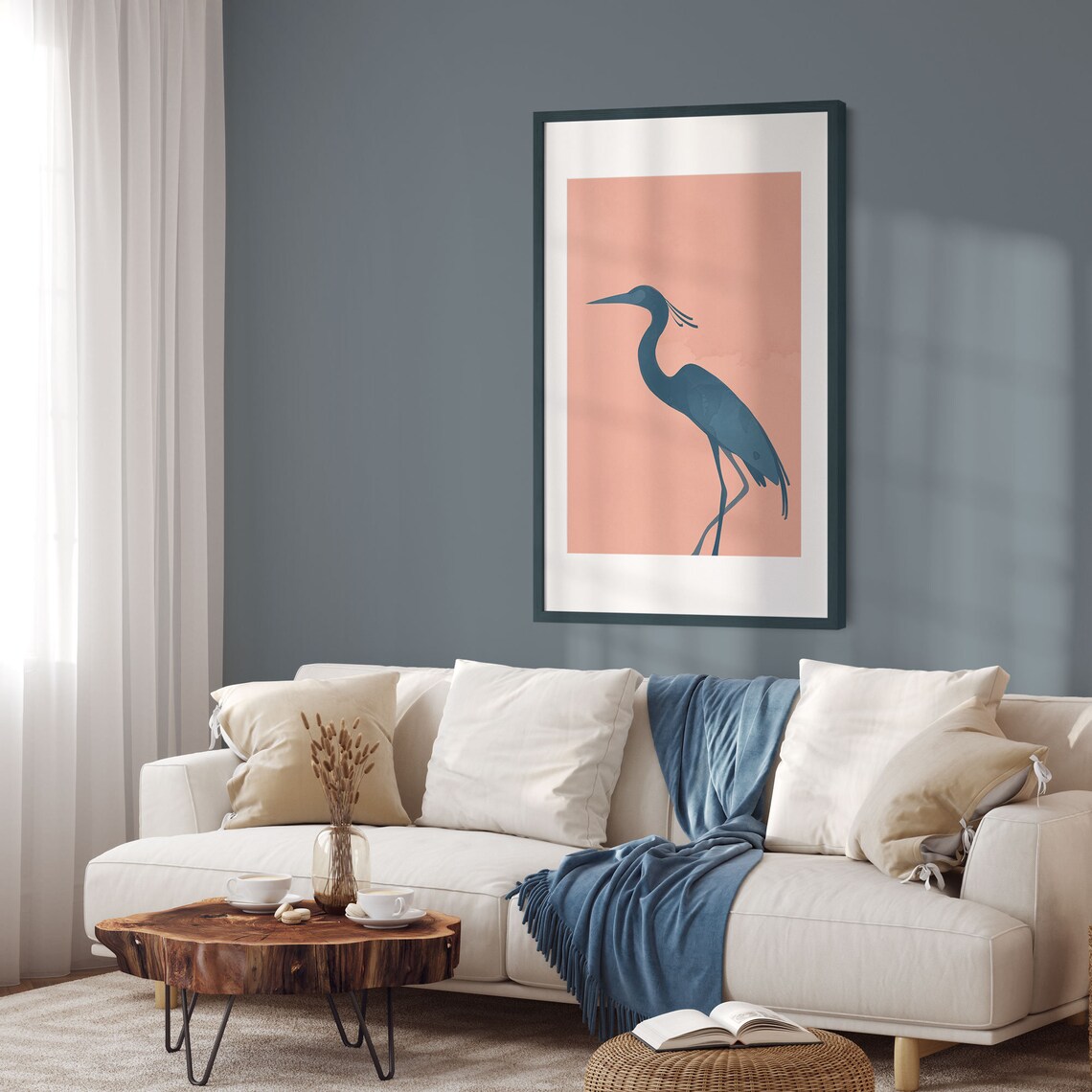 Navy Egret Heron Silhouette On Coral Minimalist Zen Bird Poster - Image 4