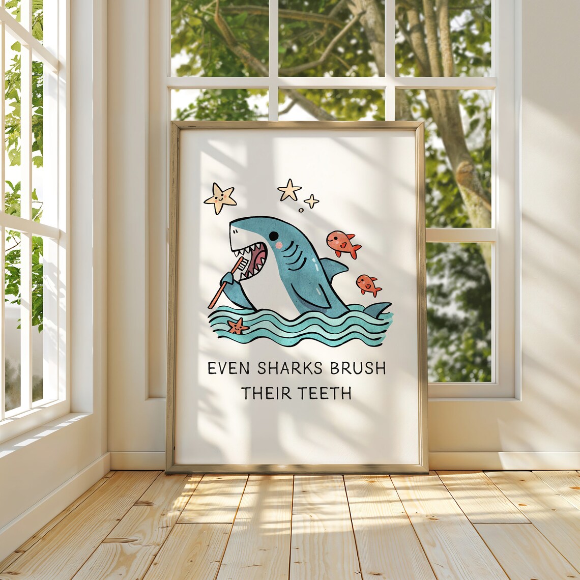 Even Sharks Brush Their Teeth Cute Shark Kids Bathroom Art Poster - Image 2