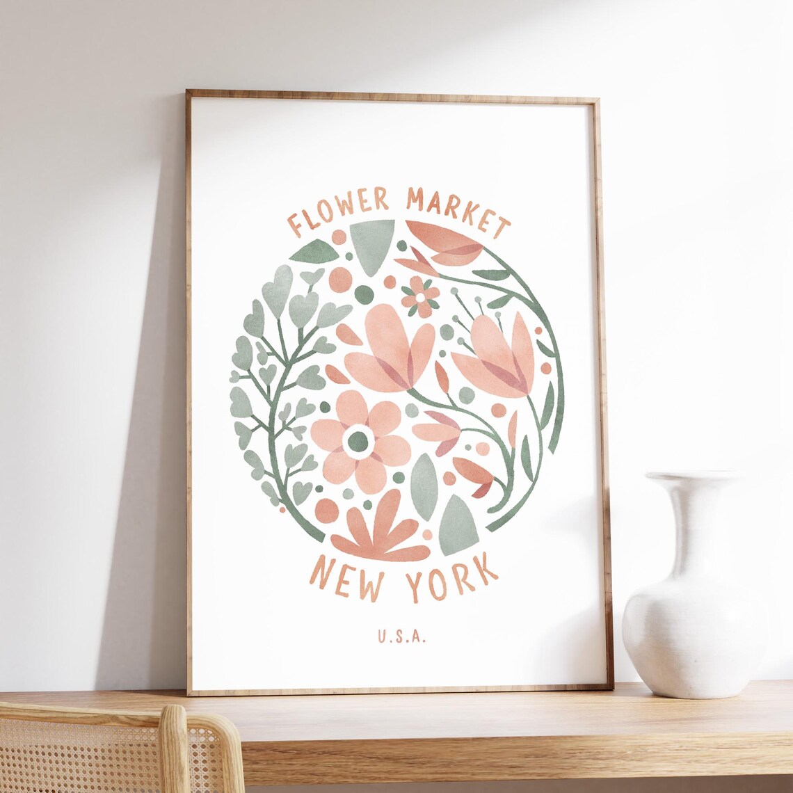 New York Flower Market Pastel Floral Wreath USA Botanical Art Poster