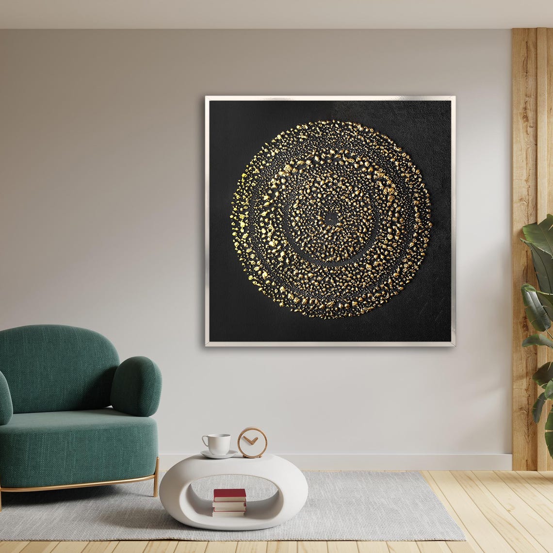 Golden Concentric Rings Abstract Black Background Modern Art Poster - Image 2
