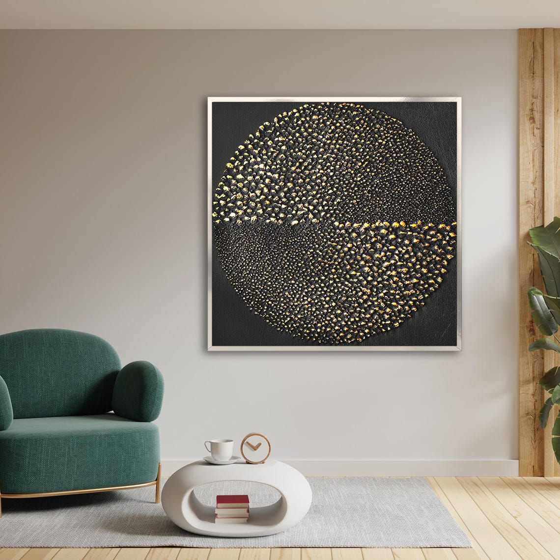 Gold Dot Circle Abstract Black Background Modern Textured Poster - Image 2