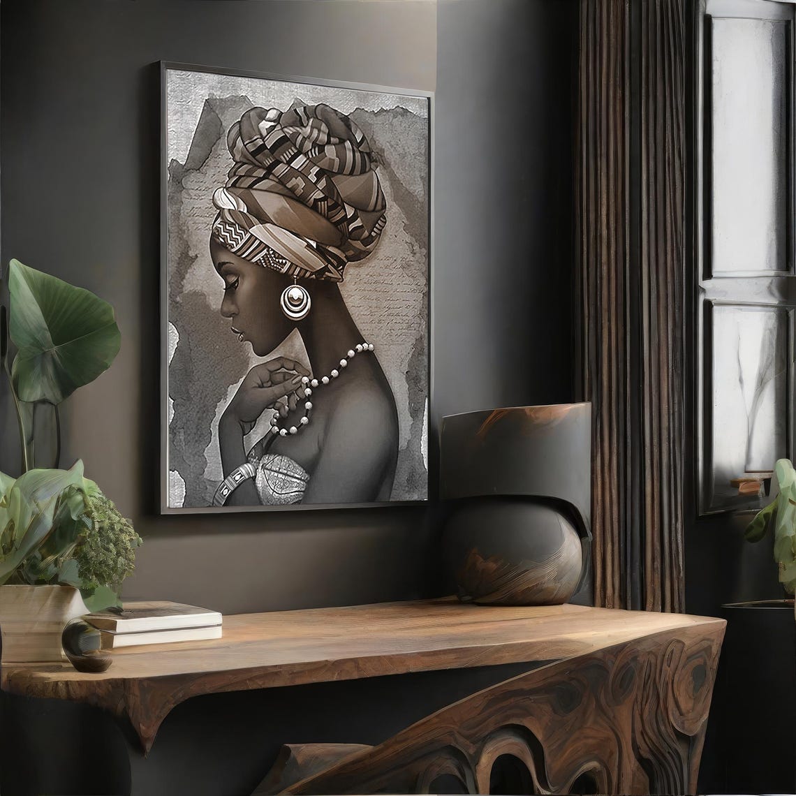 African Woman With Patterned Headwrap Sepia Portrait Wall Art - Image 4