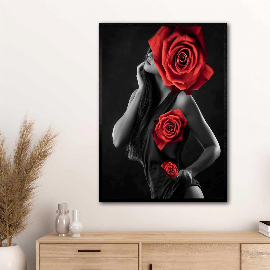 Woman With Giant Red Roses Black and White Fashion Art Photo Poster - Image 2