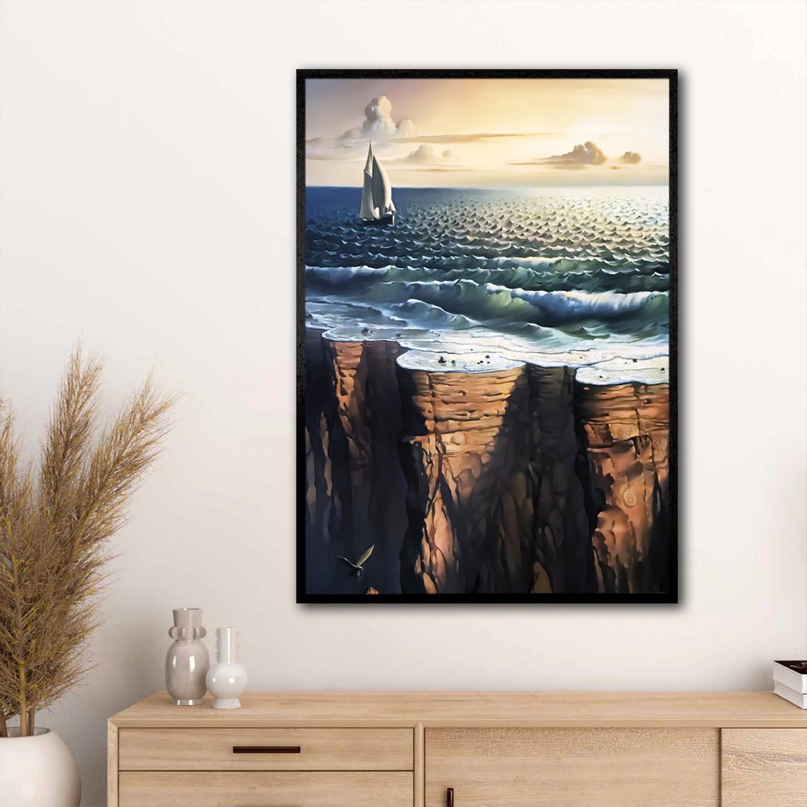 Surreal Ocean Pouring Over Cliff Edge Sailboat Dream Art Wall Art - Image 3