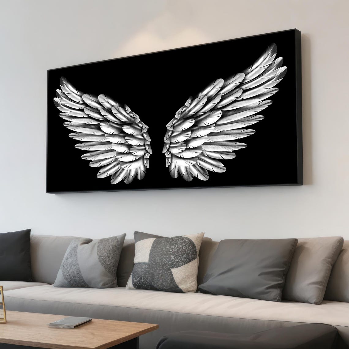 White Angel Wings Black Background Dramatic Feather Art Poster - Image 4