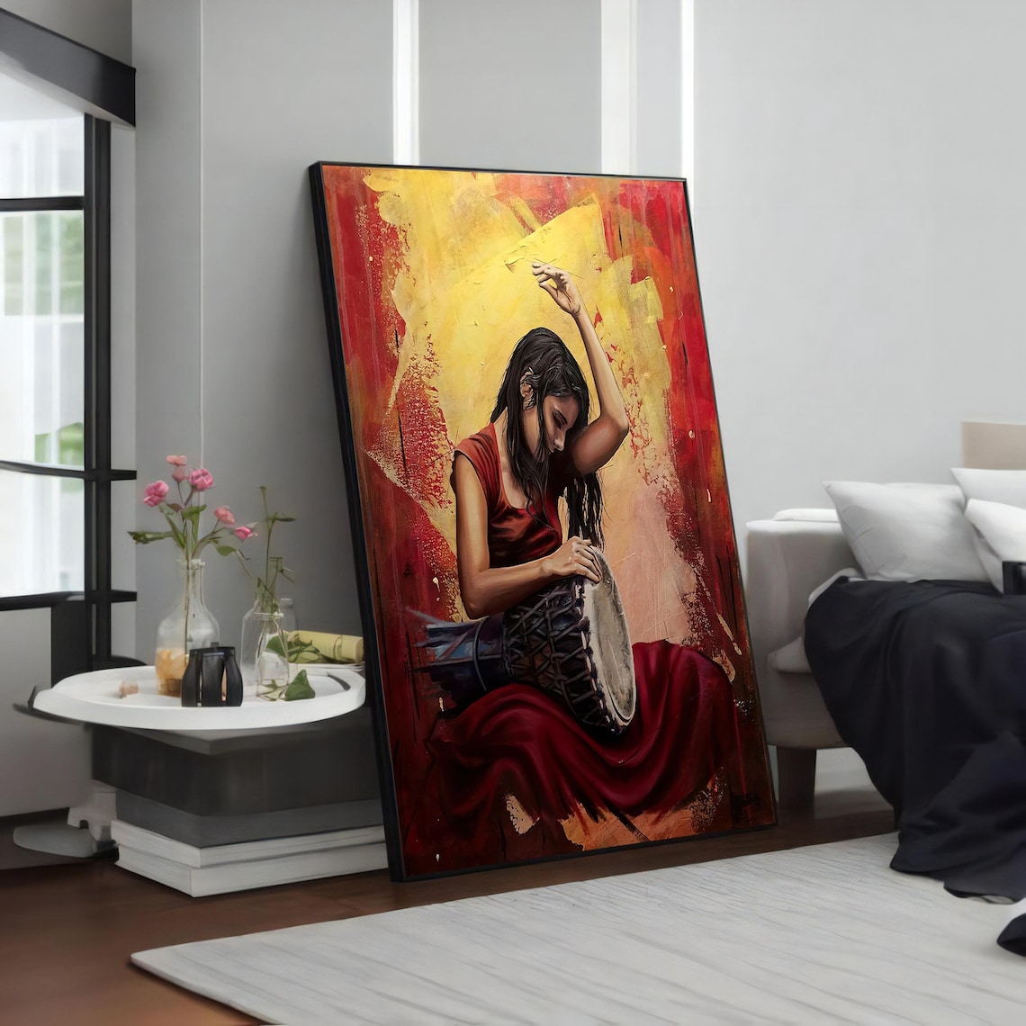 Bohemian Woman Playing Hand Drum in Red Dress Warm Music Painting Poster - Image 4