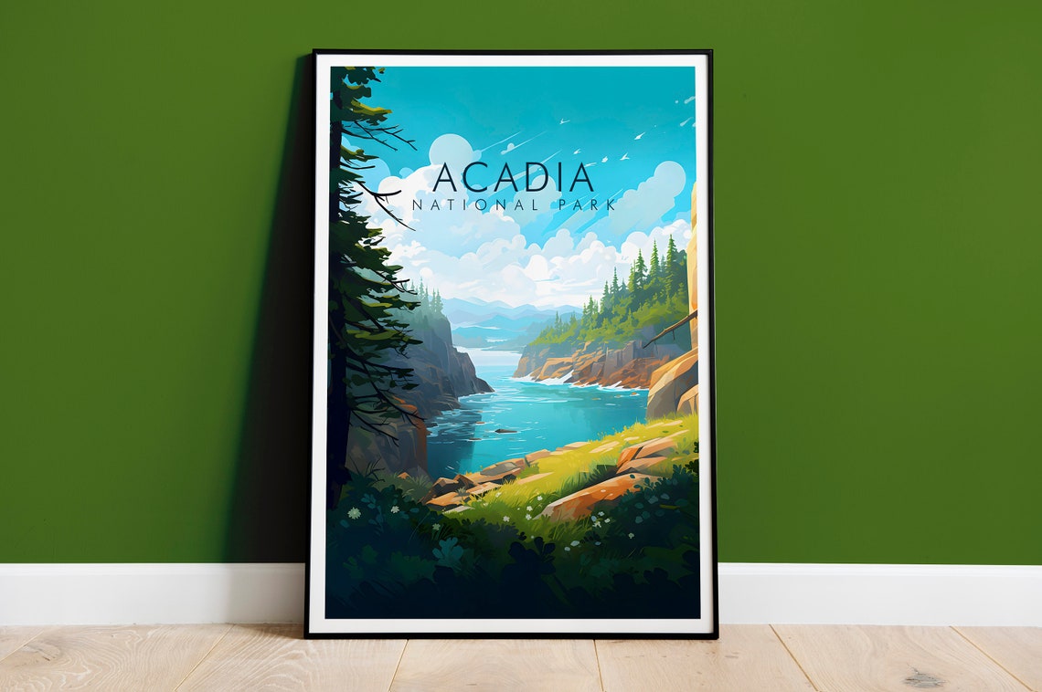 Acadia National Park Maine Blue Ocean Cliff Coast Travel Poster