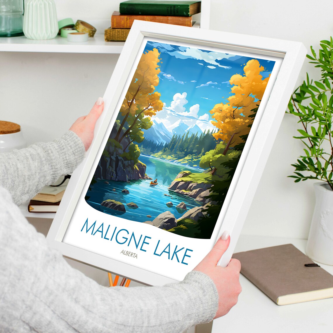 Maligne Lake Alberta Turquoise Water Kayak Mountain Scene Poster - Image 4