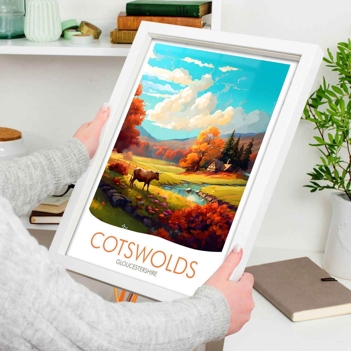 Cotswolds England Autumn Countryside Cow Stream Landscape Poster - Image 4