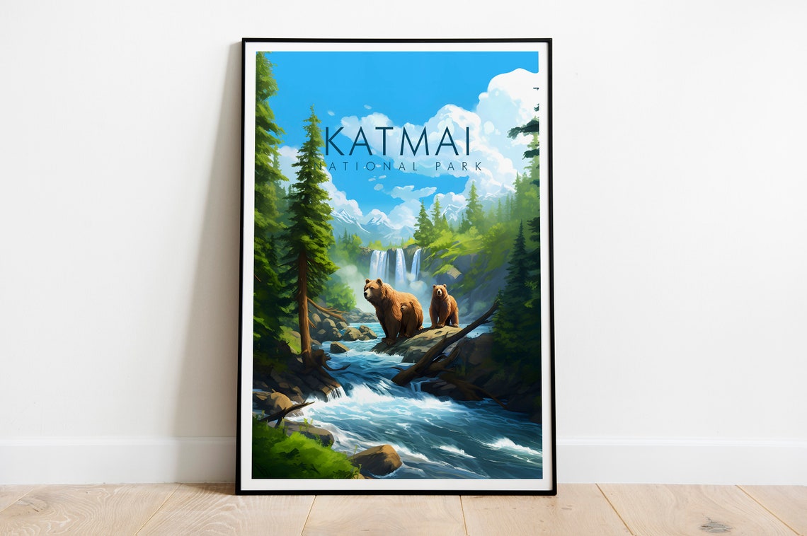 Katmai National Park Alaska Brown Bears Waterfall Poster Art - Image 2