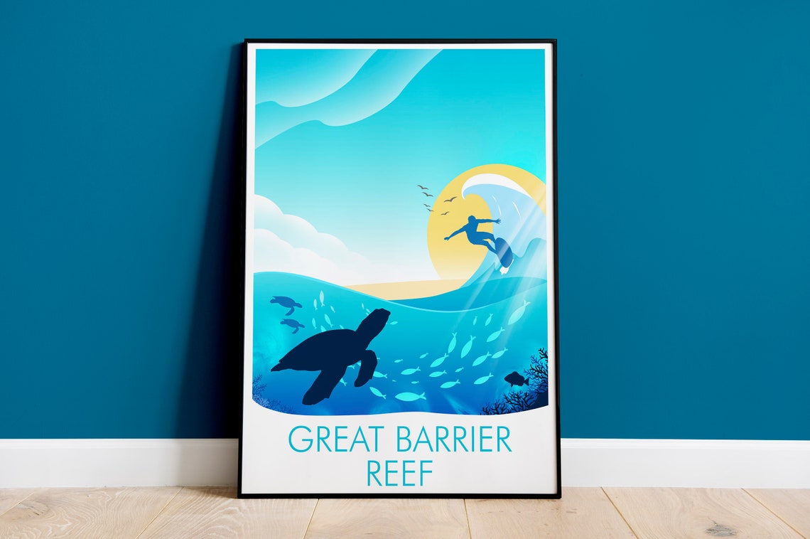 Great Barrier Reef Australia Turtle Surfer Wave Ocean Art Poster
