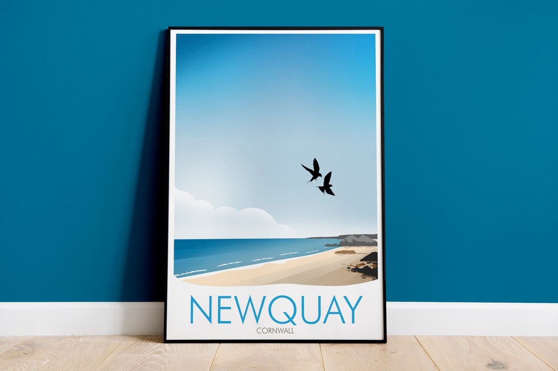 Newquay Cornwall England Minimalist Beach Seabirds Travel Poster