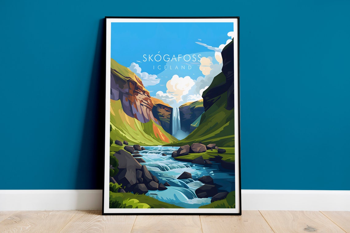 Skogafoss Iceland Waterfall River Canyon Nature Travel Poster