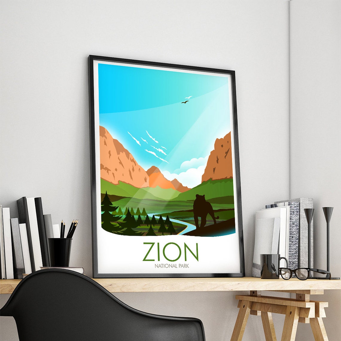 Zion National Park Utah Red Canyon Cliffs Cougar Sunset Poster - Image 4