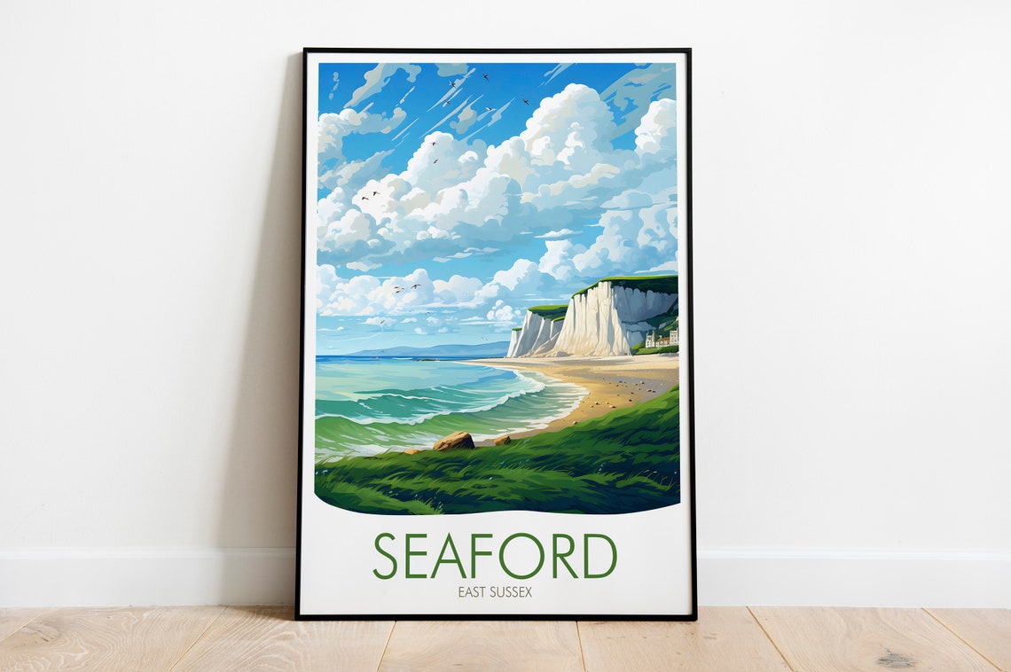 Seaford East Sussex White Chalk Cliffs Coastal Beach View Poster - Image 2