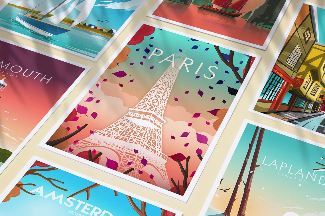 Paris France Eiffel Tower Autumn Leaves Sunset Travel Poster - Image 3