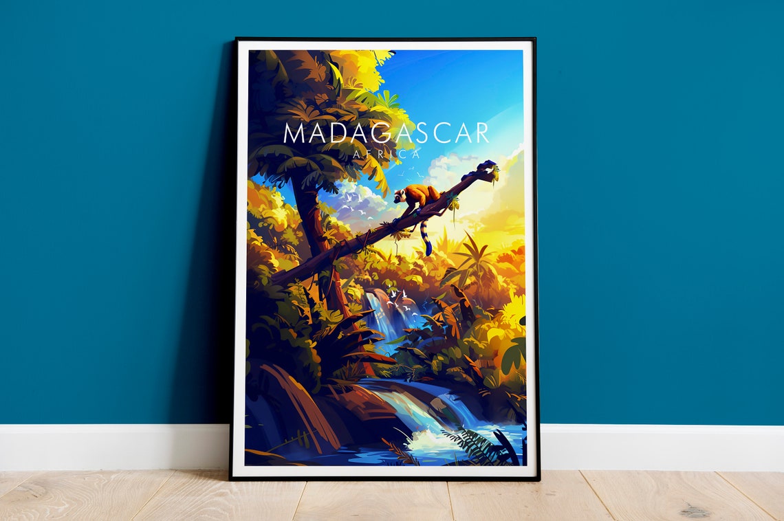 Madagascar Africa Lemur Jungle Waterfall Vintage Style Poster