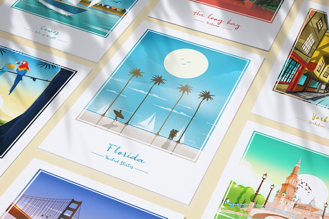 Florida Palm Trees Moonlit Beach Surfer Night Scene View Poster - Image 3