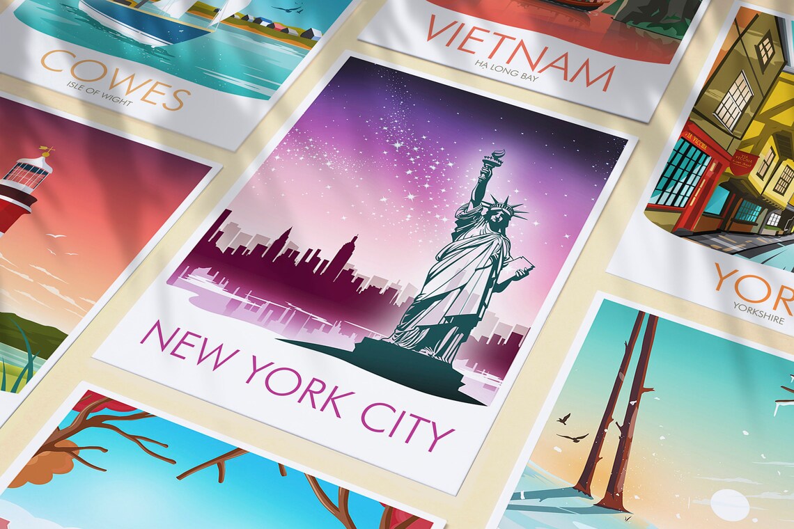 New York City Statue of Liberty Starry Night Scene View Poster - Image 3