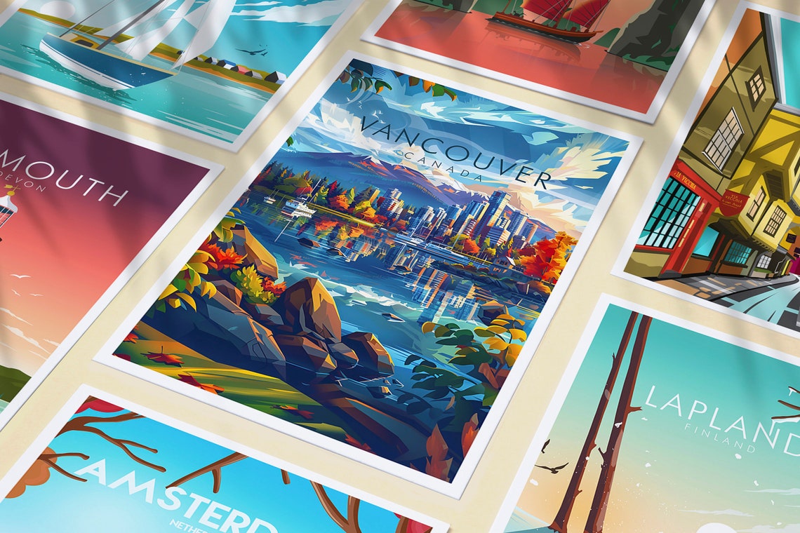 Vancouver Canada Skyline Waterfront Mountains Fall Colors Art Poster - Image 3